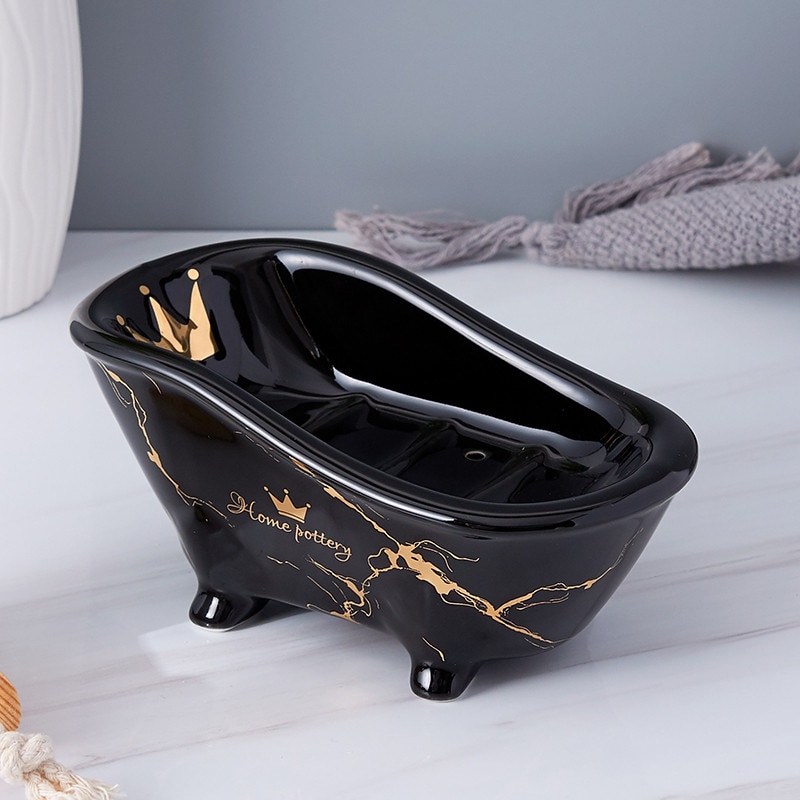 Vintage Gloss Black Ceramic Soap Dish – Semi-Recessed, Single Drain Slot, Bathroom Retro Style