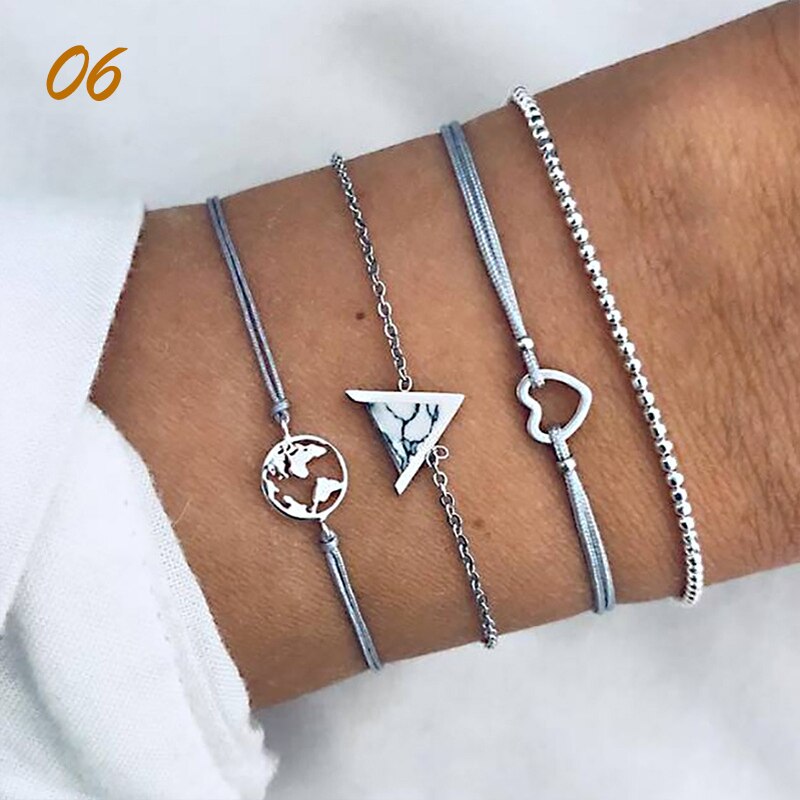 4 unids/set Bohemia Vintage pulseras para las mujeres de la joyería de Boho granos geométricos de la mano de la cadena encanto pulsera brazaletes conjunto Набор: 6