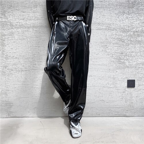 Mannelijke Vintage Streetwear Hip Hop Gothic Podium Modeshow Broek Mannen Heldere Leer Toevallige Rechte Broek: L