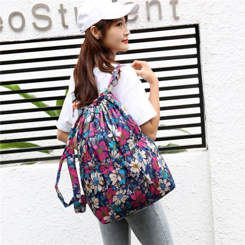 Vinatge Drawstring Backpacks Women Large Capacity Flower Ethnic Style Waterproof Nylon Rucksack Shoulders Backpacks