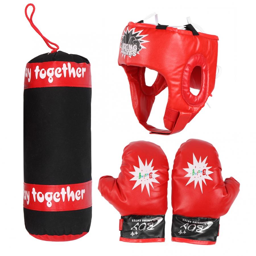 Kids Hanging Fight Training Boxing Sandbag Gloves Helmet Children Punching Bag Set