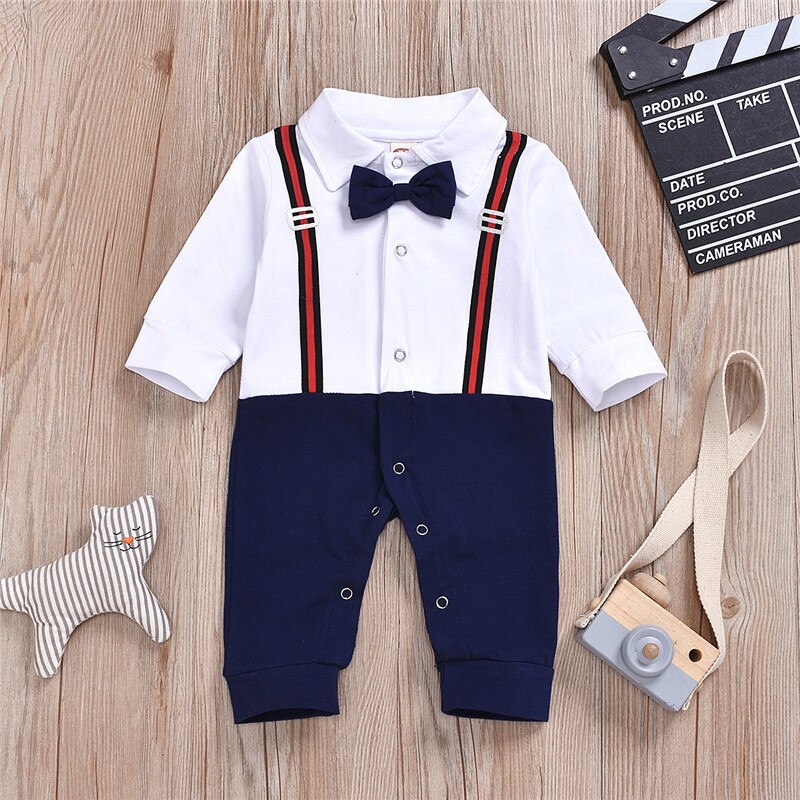 Kids Baby Jongens Gentleman Kleding Lange Mouw Knop Katoen Strik Jumpsuit Romper Herfst Outfits 0-24M: Blauw / 6m