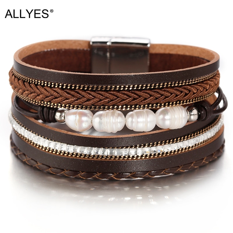 ALLYES Böhmischen Kristall Natürliche Perle Leder Armbänder für Frauen Damen mehrschichtig Geflochten Breite wickeln Armbinde Boho Schmuck