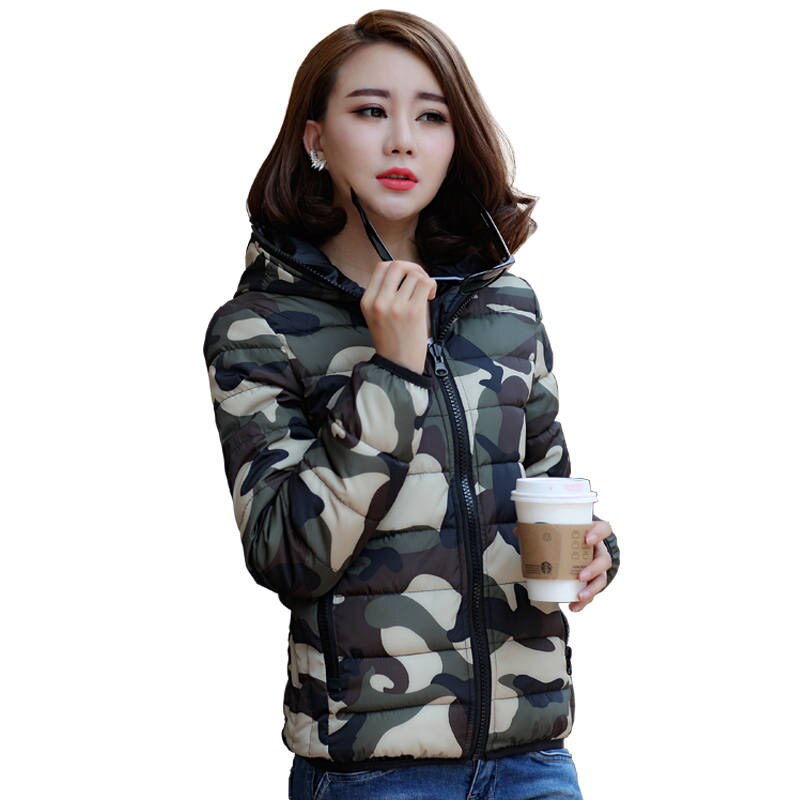 Chaquetón de invierno , chaquetas cortas de algodón con plumas de camuflaje para mujer, abrigo de invierno con capucha, abrigo de talla grande de algodón cálido, ropa 874: armygreen / XL