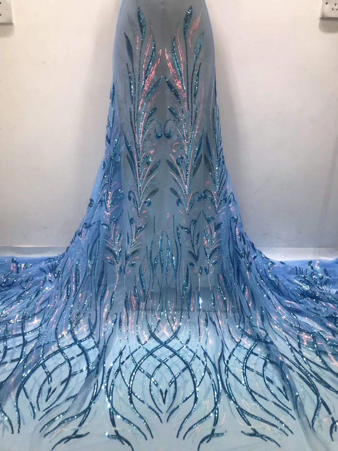 Classic Rose Gold2022 Latest African Tulle Lace with Sequins For African Wedding Dress NN335_V: light blue