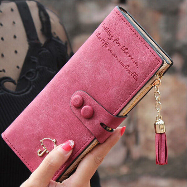 Womens Lady Pu Lederen Kaarthouder Lange Portemonnee Clutch Checkbook Zip Frosted Kwastje Knop Brief Paraplu Scrub Geweven Purse