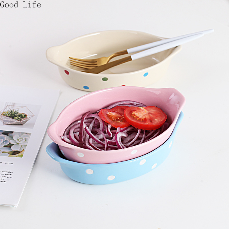 Polka Dot Cheese Baked Rice Plate Microwave Oven Ceramic Western Food Dish Kitchen Tableware Home Baking Bowls