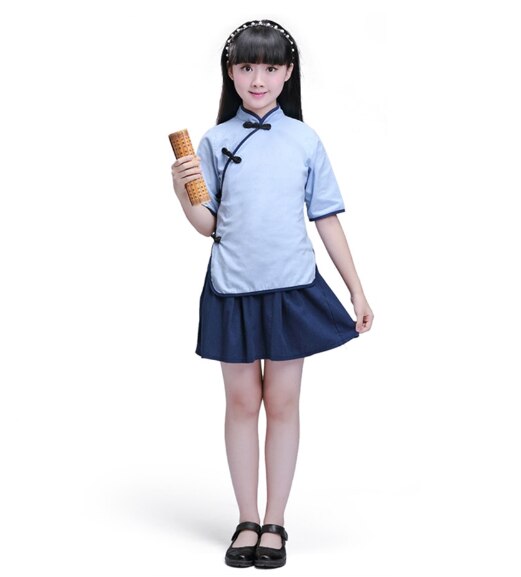 Children Chinese Clothing HanFu Boys Kung Fu Wushu Girls Chinese Cheongsam Year Dress Kindergarten School Uniforms Kids Set: Girls set / 160