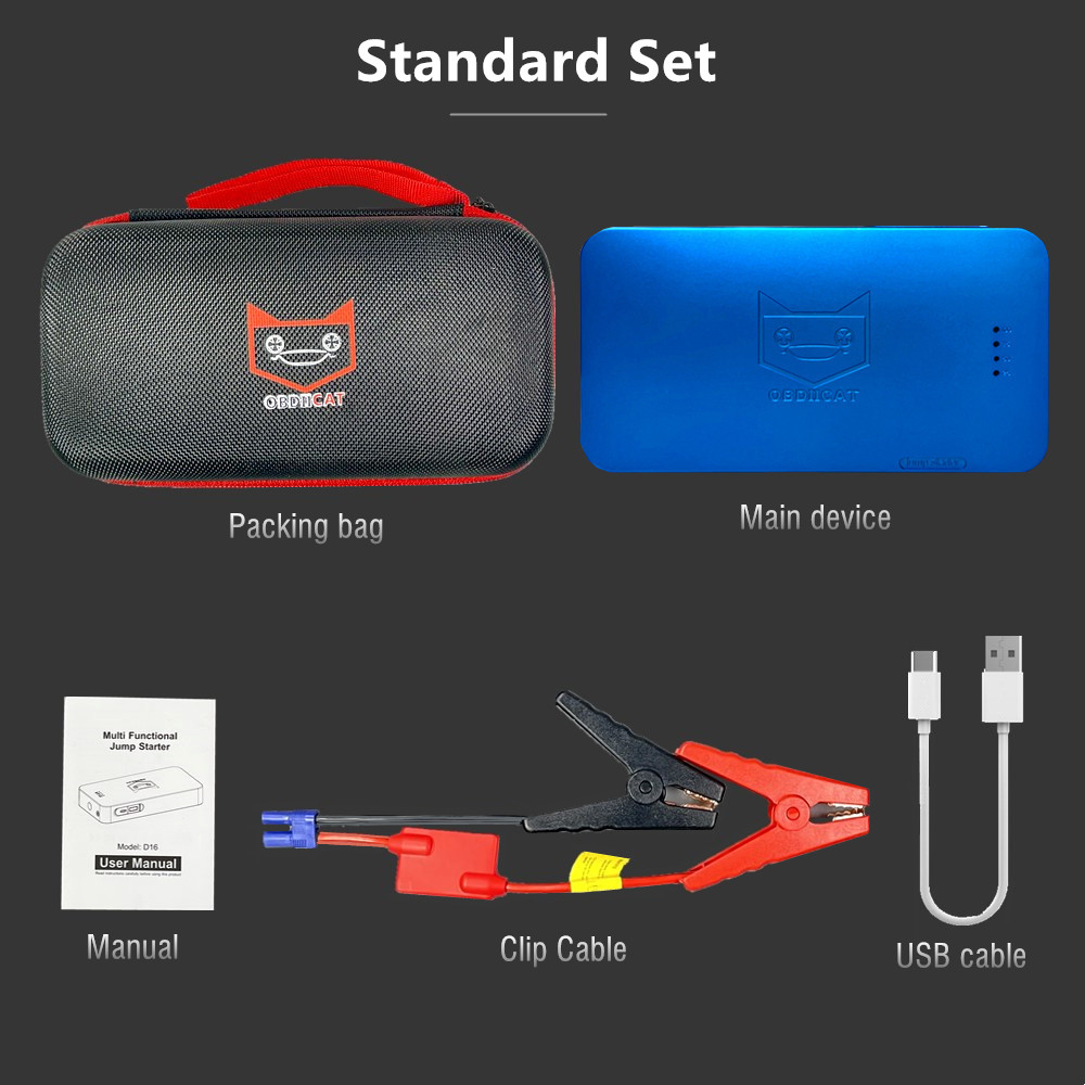 OBDIICAT-D8 Newest 600A Starting Device Power Bank Jump Starter Car Battery Booster Emergency Charger 12v Multifunction Device: D16 Blue Standard