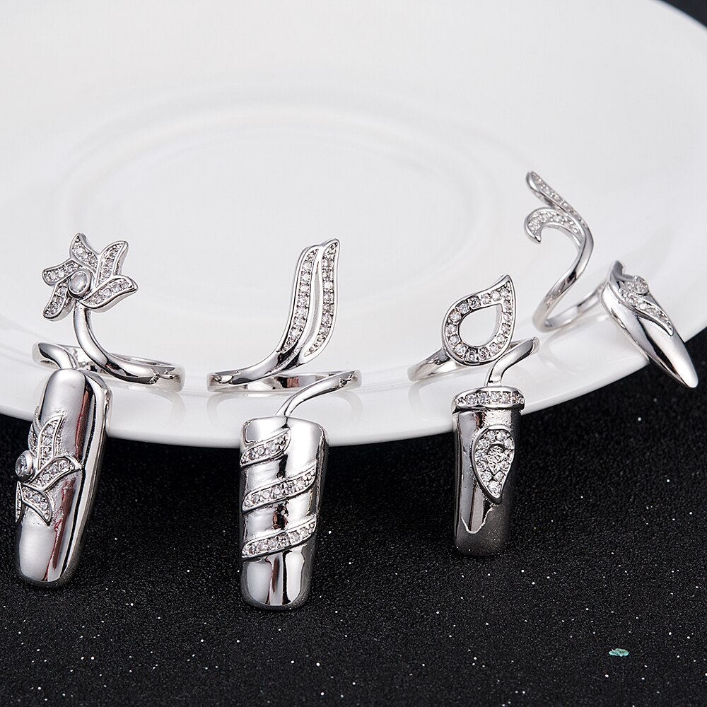 4pcs Finger Nail Ring Set Women Gold Crystal Fingernail Ring Gothic Cubic Zircon Punk Wedding Jewelry Accessories