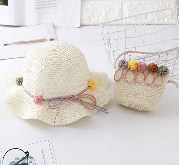 Chapeau et sacs en paille à fleurs pour enfants, ensemble deux pièces décontracté pour filles, sac à bandoulière + chapeau de soleil pour bébé, plage, panama, gorros: Style B