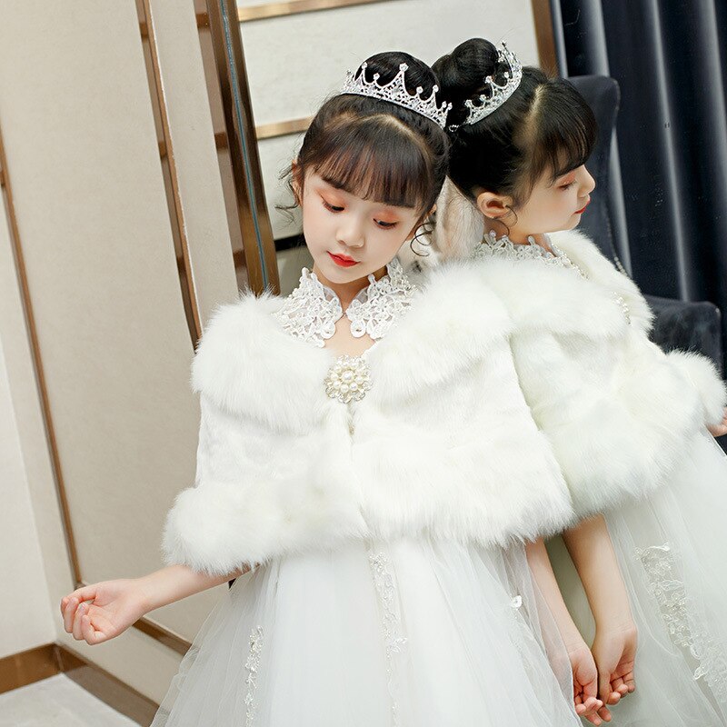 Kids Prinses Dikker Pluche Wraps Sjaal Bloem Meisjes Ivoor Wit Bolero Bolero Cape Wedding Verjaardagsfeestje Diamanten Broche Jas