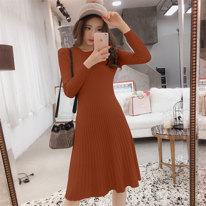 Women Spring Autumn knitted Dress simple Slim Female render Dress Temperament Long sleeve long Dresses QZ022: Caramel color