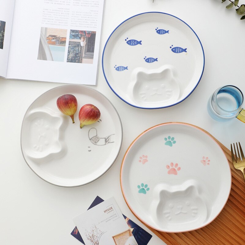 Home Ceramic Dinner Plate Cute Cat Child Food Supplement With Dipping Dish Dumpling Breakfast Plate Restaurant Utensils