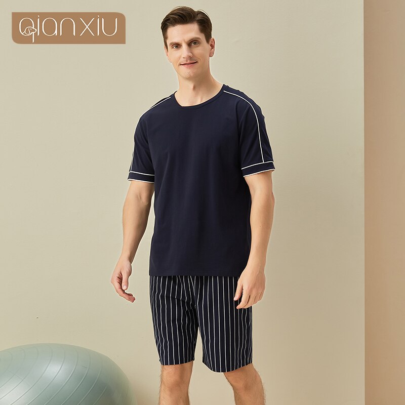 Verão novo algodão masculino cor sólida manga curta gola redonda topo stripe shorts casa conjunto simples pijamas casa terno