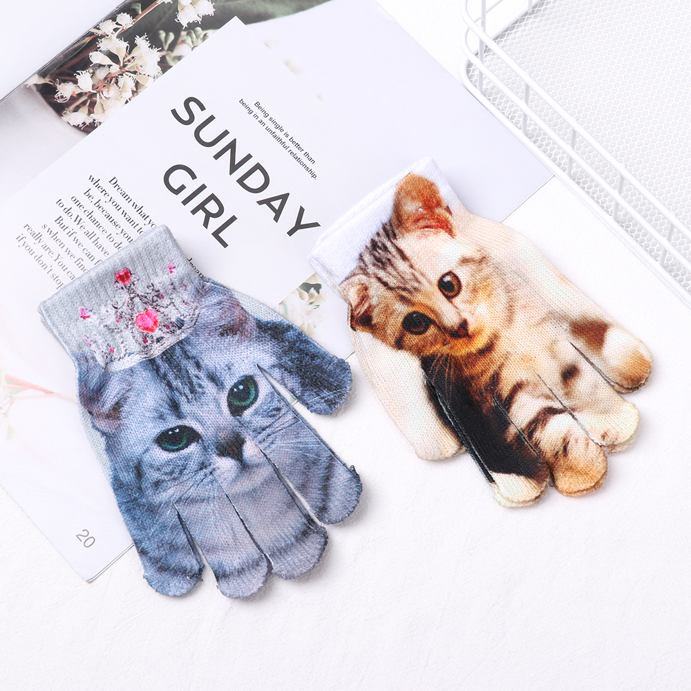 1 Pair Cute 3D Animal Print Knitted Kitty Pet for Children Kids Cute Gloves Warm Winter Knitted Gloves