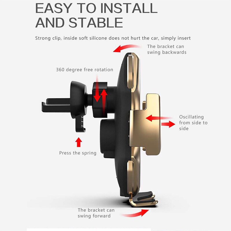 Cargador de coche inalámbrico A5 de 10W, soporte de teléfono de carga rápida con sujeción automática para iPhone 11, Huawei y Samsung