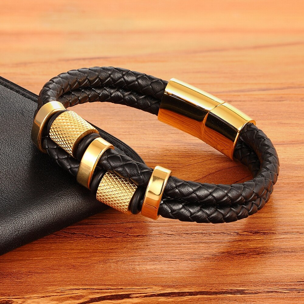 Brand Geometric Stainless Steel Leather Bracelets Vintage Handmade Braided Men Male Cuff Sporty Bracelets