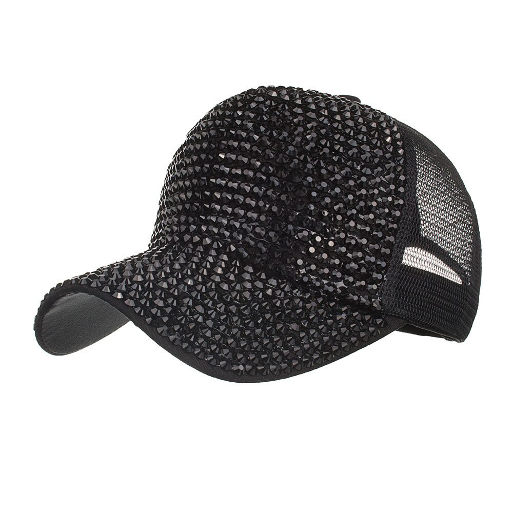 Kvinder rhinestone hatte kvindelig snapback baseball kasket bling diamanthue beklædningstilbehør czapka z daszkiem: Sort