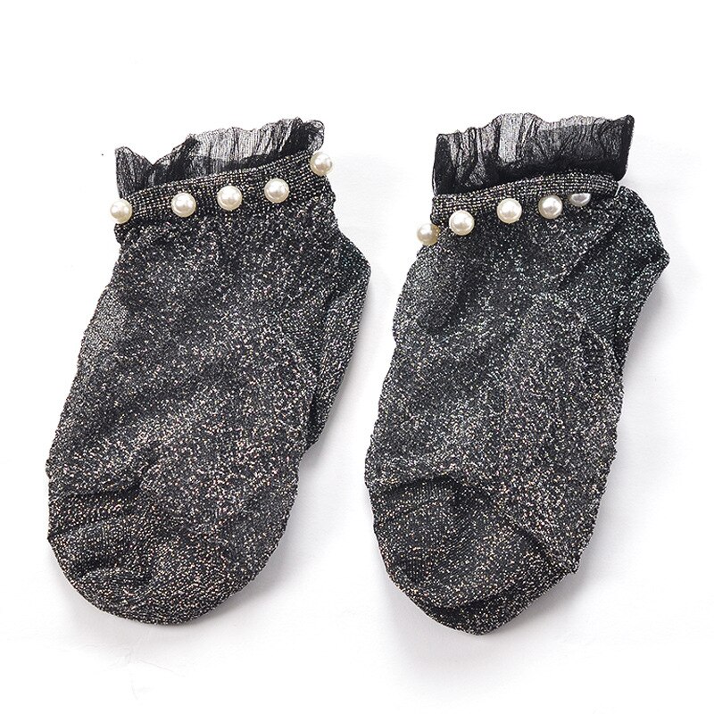 Chaussettes courtes en soie argentée et perles pour femmes, socquettes avec cristaux fins,
