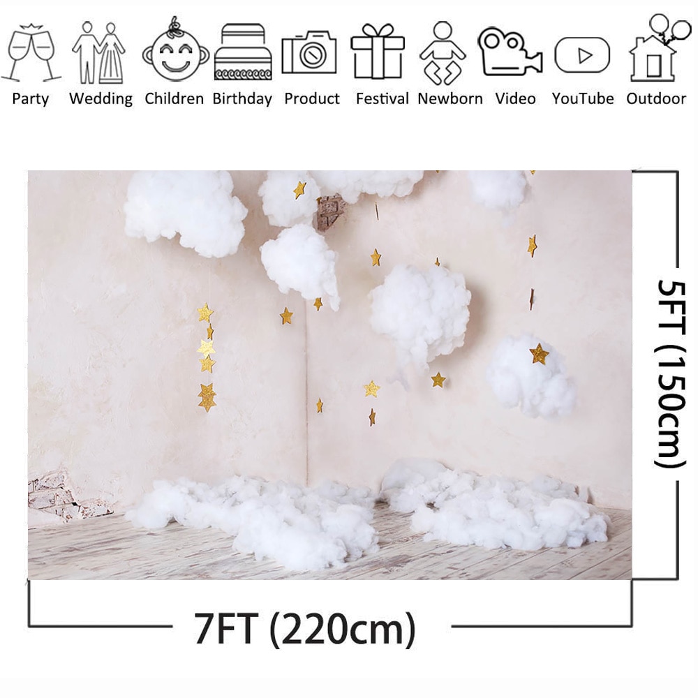 -né scintillant petite étoile Portrait photographie toile de fond Photo Studio doré blanc nuage enfants fête d'anniversaire Selfie fond