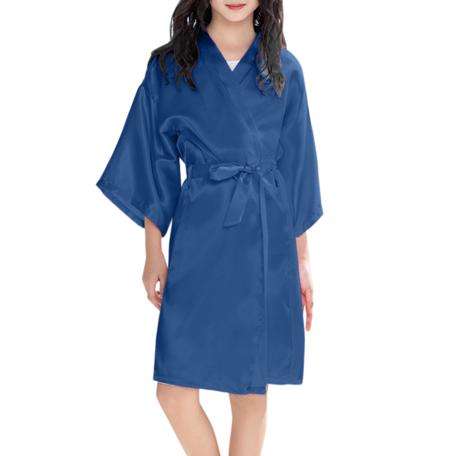 Children Silk Satin Robes Kid Girl Print Summer Kimono Robes Bathrobe Sleepwear Kimono Children's Bathrobes Wedding Party Robe: Blue  / 2-3 Years