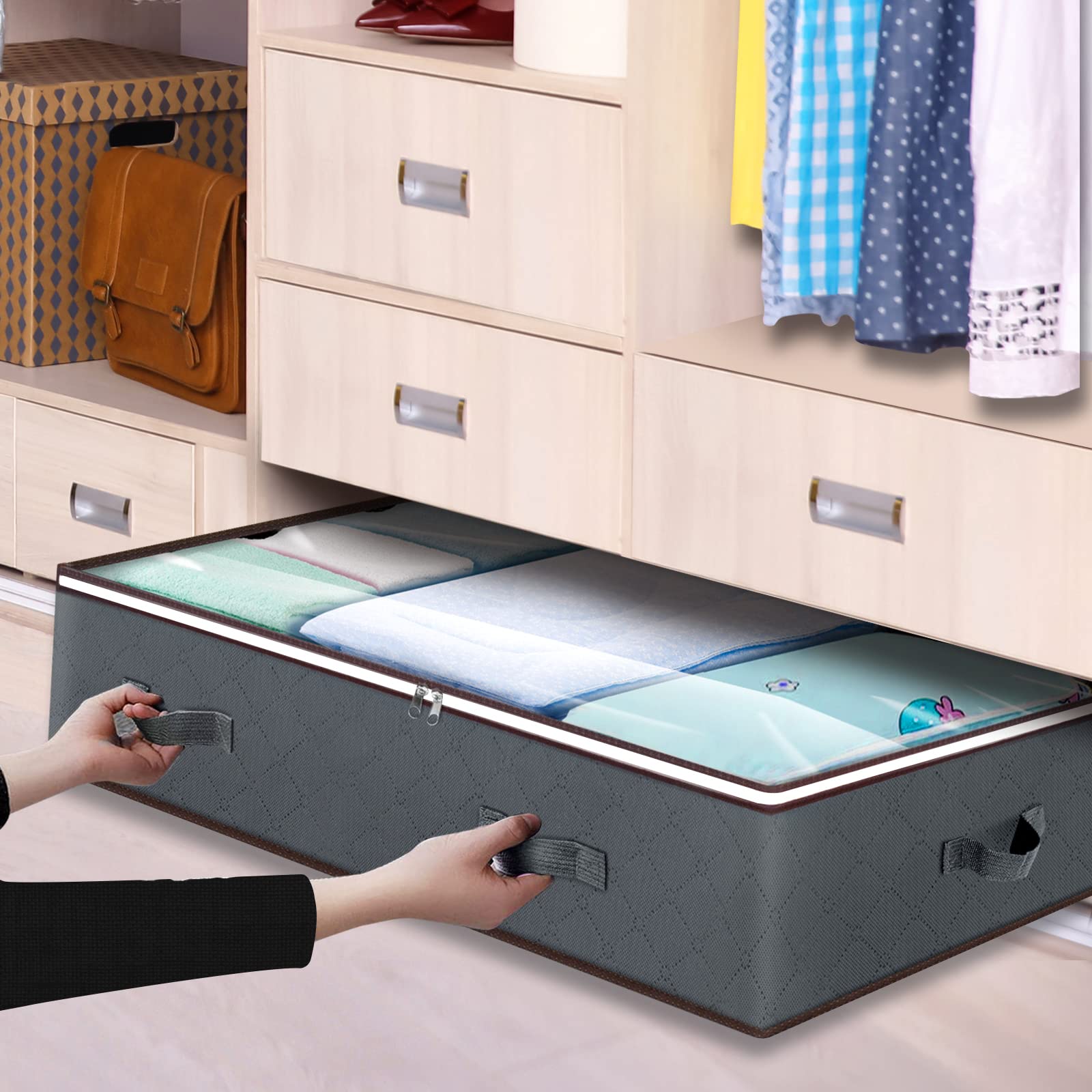 90L Sturdy Under Bed Storage Containers Organizer Large Capacity Clothes Bins and Bedroom Foldable Storage Bag with Clear Window: Red