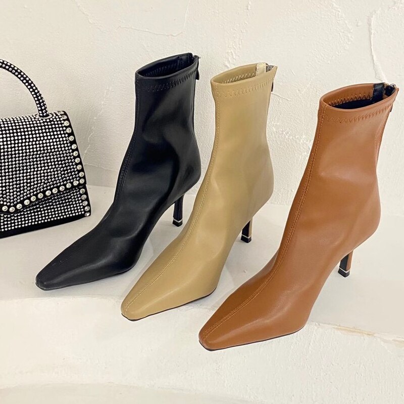 Women Ankle Boots Pointed Toe Stretch Botas Thin High Heels Black Beige Khaki Solid Color Pumps Winter Boots