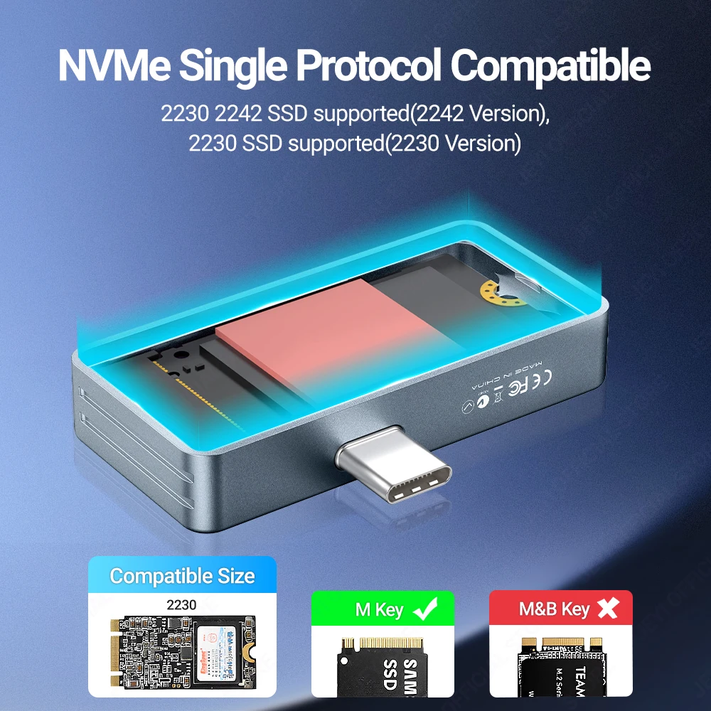 JEYI 2242 2230 M.2 NVMe Direct-attach SSD Enclosure, USB 3.2 10Gbps Direct USB-C Plug Aluminum M2 Enclosure Supports UASP TRIM