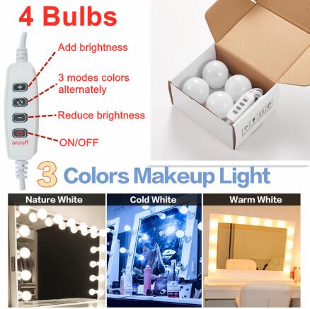 3 Kleuren Led Make-Up Spiegel Licht Dimmen Beauty Volledige Backlit Spiegel Usb Licht 2/4/6/8/10/12 Bollen Hollywood Make Up Lamp: 4 bulbs