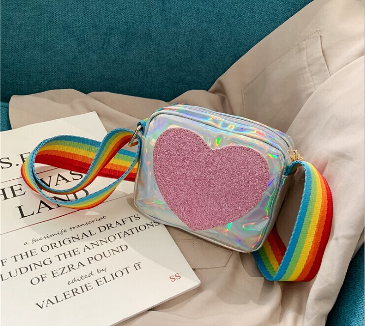 Baby girl toddler bag casual one-shoulder bag rainbow shoulder strap love decoration crossbody bag cute: Silver