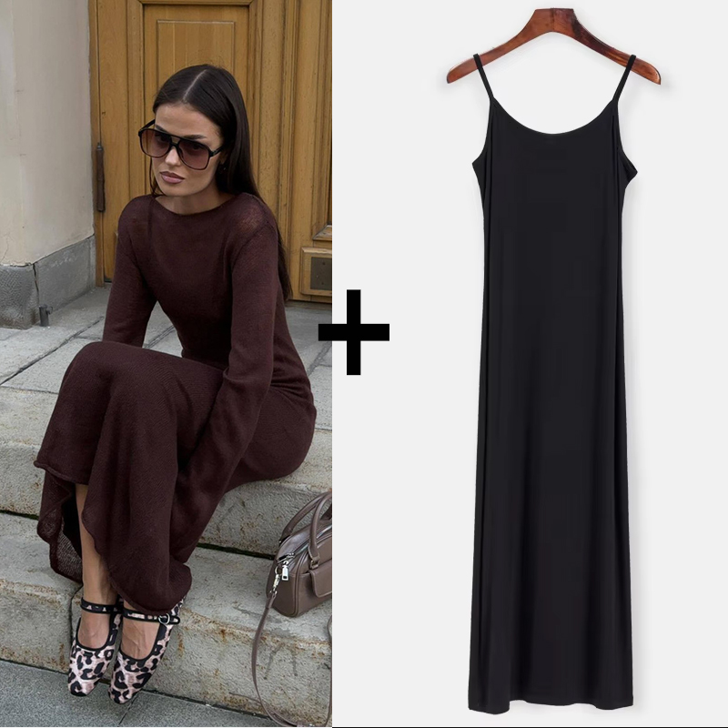 Forår efterår o-hals elastisk strik lange kjoler kvinder chic blød dame udhulende sweaterkjoler femme: Grå