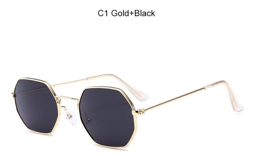 90's hexagon zonnebril vrouwen classic Platte Lens Clear Zonnebril mannen mannelijke retro kleine metalen frame zonnebril vierkante glazen: C1 Gold gray