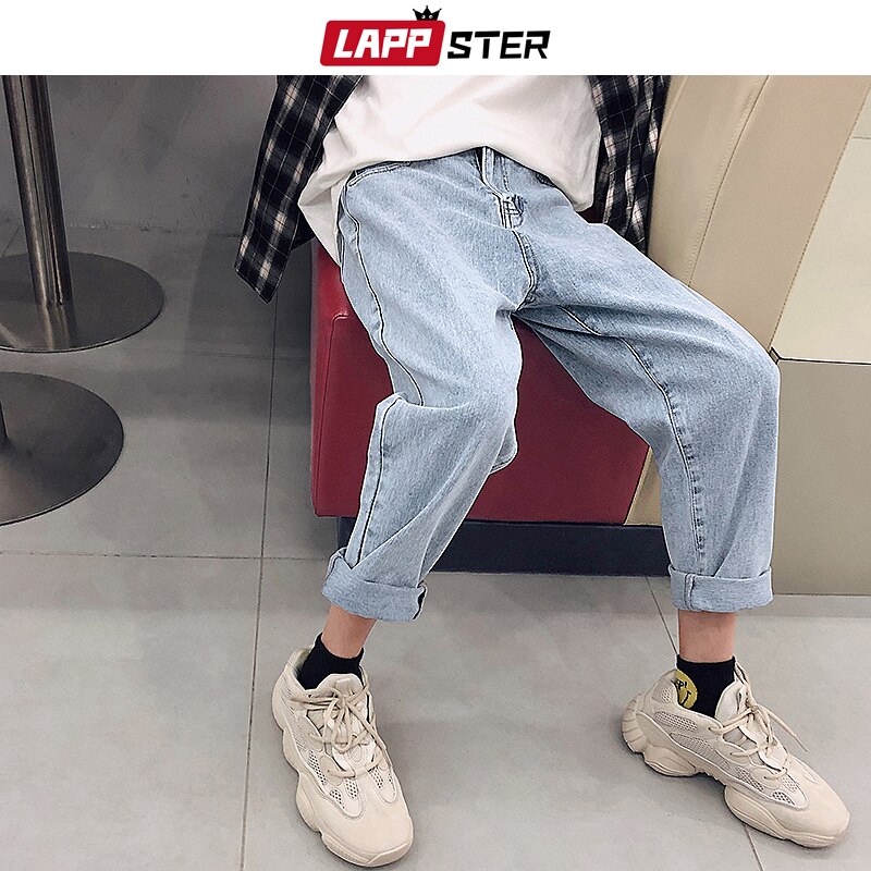 Lappster blå skinny jeans mænd harembukser herre japansk streetwear hip hop denim bukser mandlige koreanske mode løse bukser