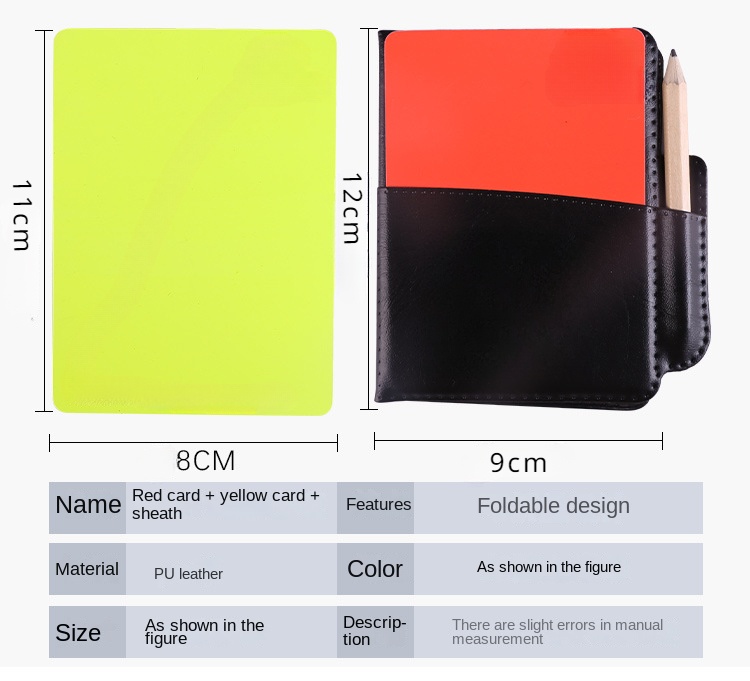 Jeu de cartes d'arbitre de football, drapeau de patrouille d'arbitre, carte rouge et jaune avec crayon, carte d'avertissement de football et cueilleur de bord