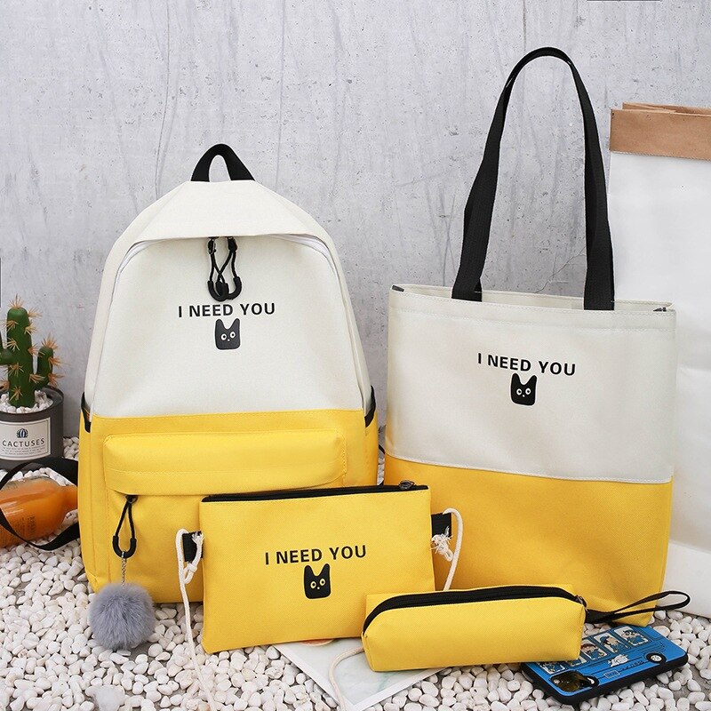 4 Pcs/set School Bags for Teenage Girls Anti Theft Travel Backpack Laptop Bagpack Rucksack Women College Student Backbag Mochila: Yellow