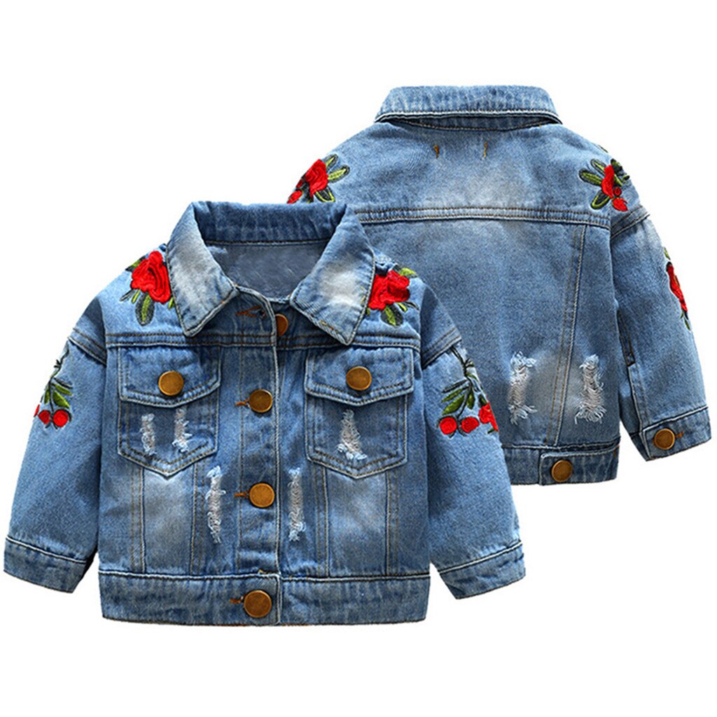 Enfant en bas âge bébé fille printemps automne veste à manches longues Rose broderie coupe-vent Denim manteau filles hauts déchiré jean Outwear