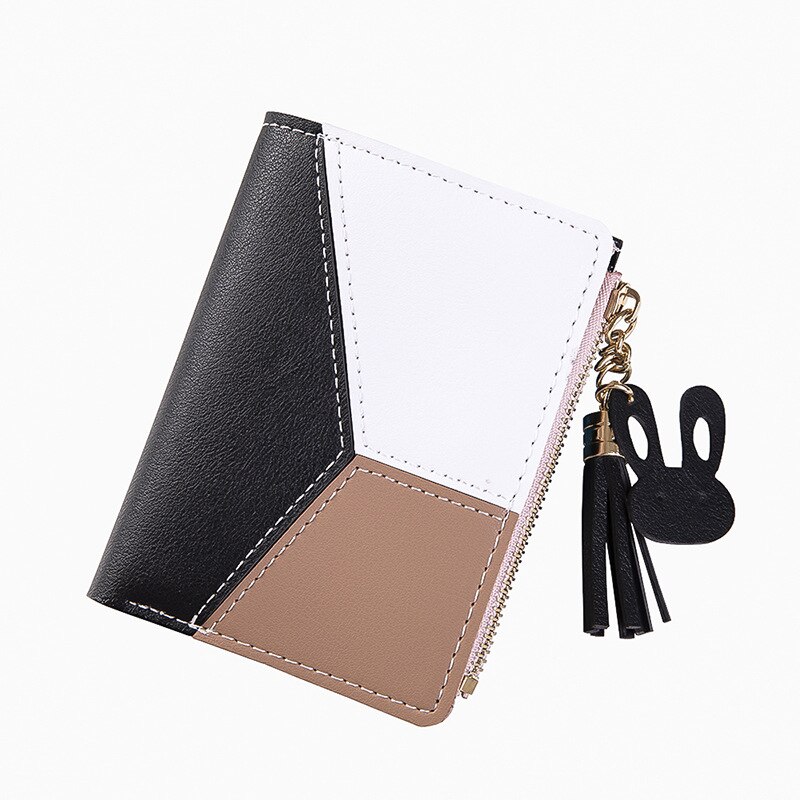 Wallet Women Zipper Closure Spliced Wrist Strap Tassel Purses Wallet for Girls Phone Coin Long Purse Card Holder: Black