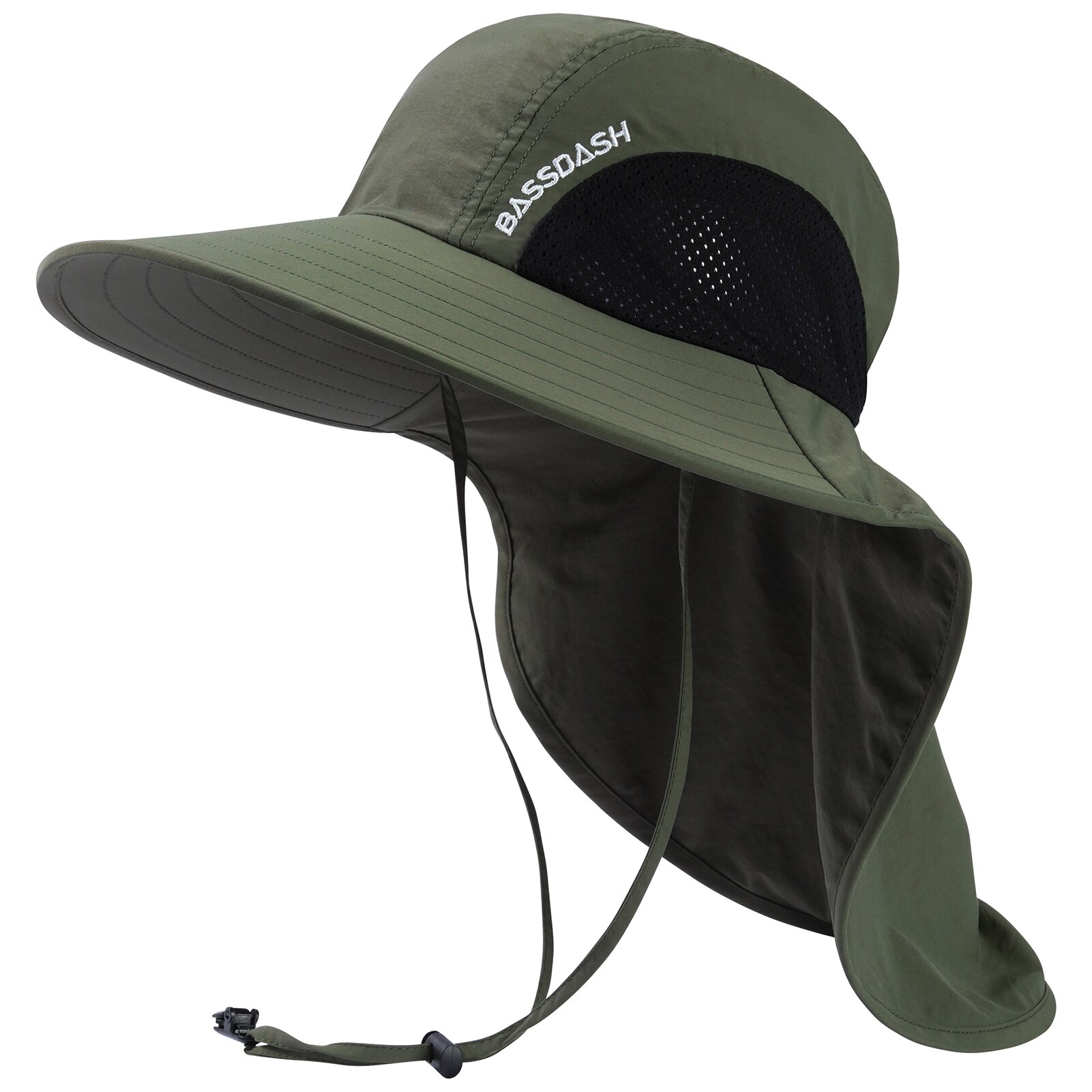 BASSDASH-Sombrero de Sol de ala ancha Unisex, resistente al agua, con solapa de cuello grande, ajustable, para pesca, transpirable: Army Green