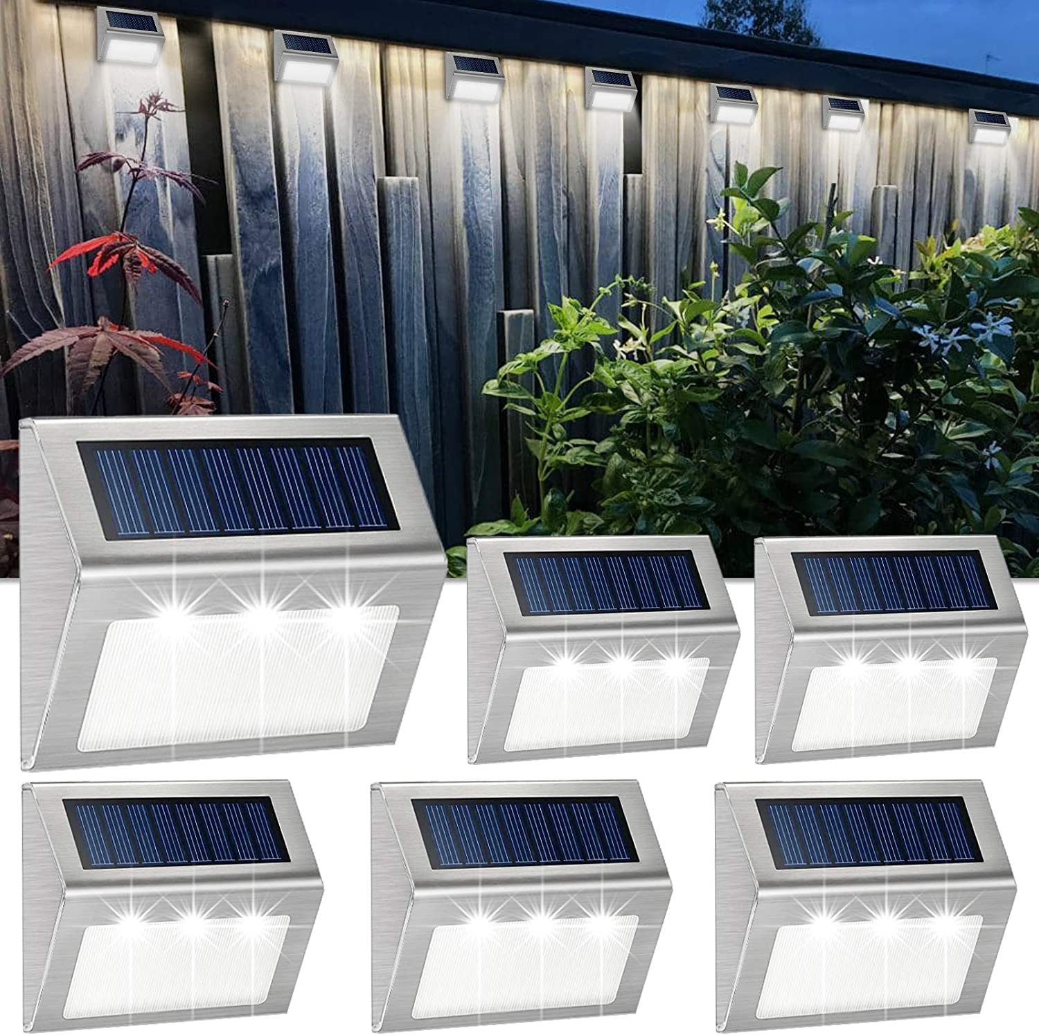 Solar Deck Lights Bright 3 LED Stair Light Outdoor Waterproof Stainless Steel Wireless Lighting for Balcony Garden Yard Fence
