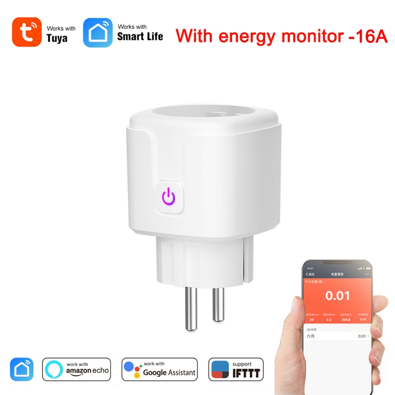 Energy monitoring EU 16A WiFi Socket Smart Plug Power Consumption Remote Control Tuya Smart Life APP work with google Assistant