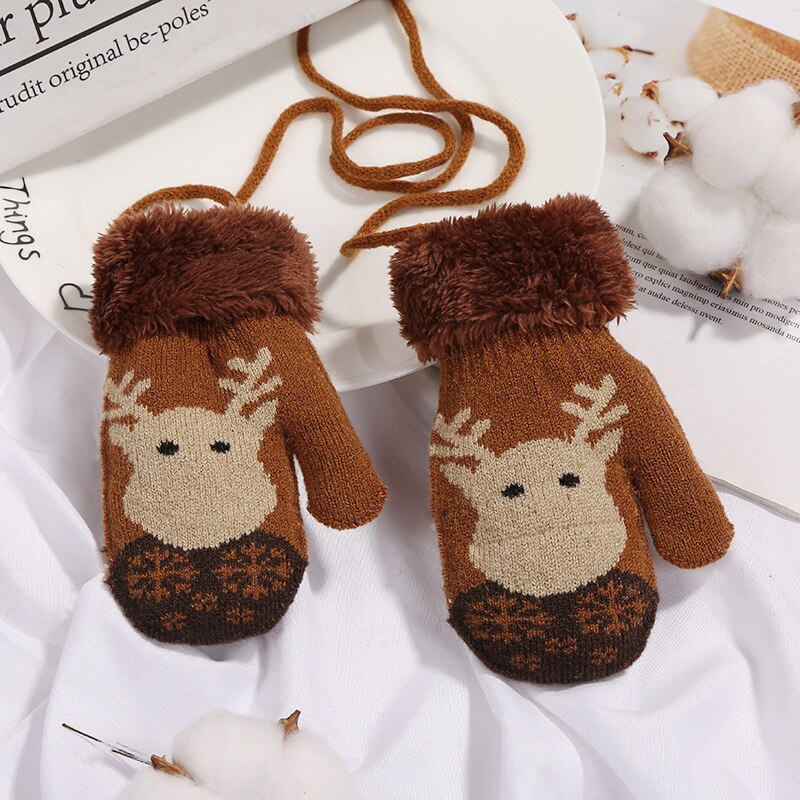 1 paar Kerst baby handschoenen winter gebreide Xmas elanden wanten kid fluwelen dikke winter warme zachte handschoenen voor 1-3Y meisjes jongens: Coffe