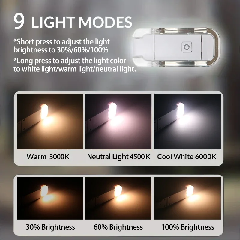 Usb genopladelig foldbar bærbar læseboglampe øjenbeskyttelse 3 lysfarver justerbar lysstyrke natlampe