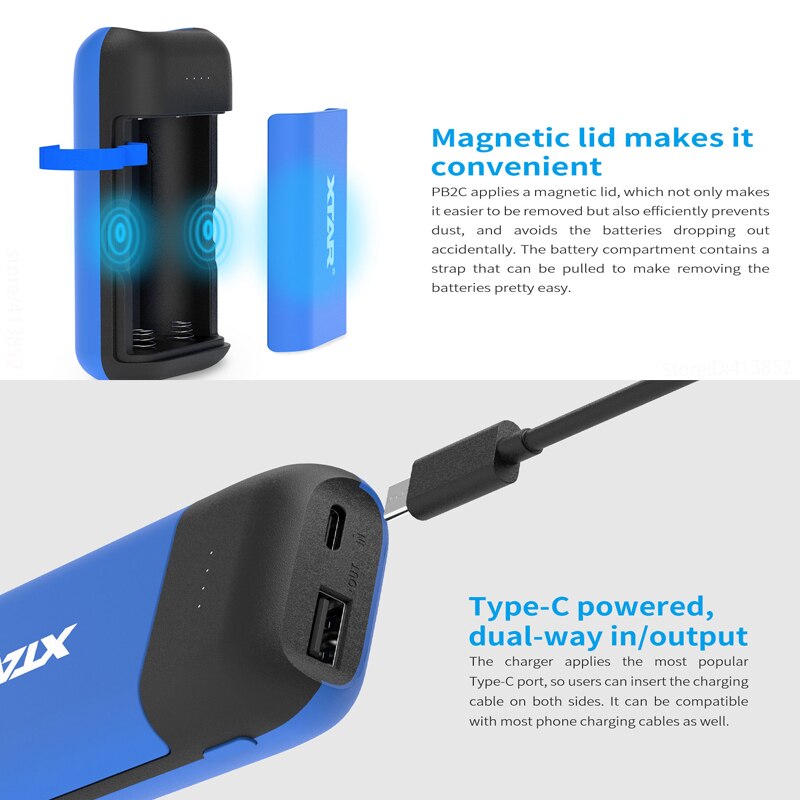 XTAR 18650 Charger BLACK PB2C Battery Charger 5V2.1A INPUT ype-C Powered Power Bank Function Portable PB2C BATTERY CHARGER 18650