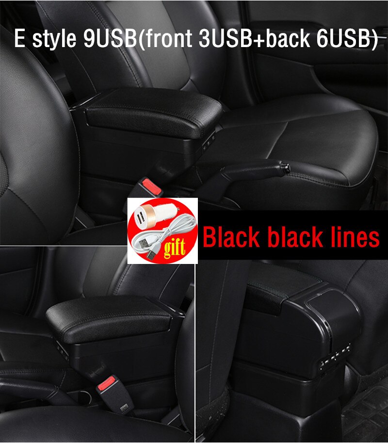 For Peugeot Armrest For Peugeot 208 Car Armrest box Retrofit parts Interior Storage box accessories USB LED: E Style Black line