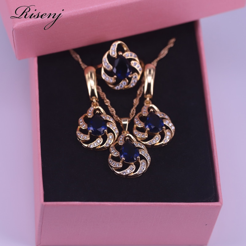 Mange farver top zirkon vanddråbe 18k guld smykker sæt til kvinder justerbar ring halskæde øreringe vedhæng pæn: Blå