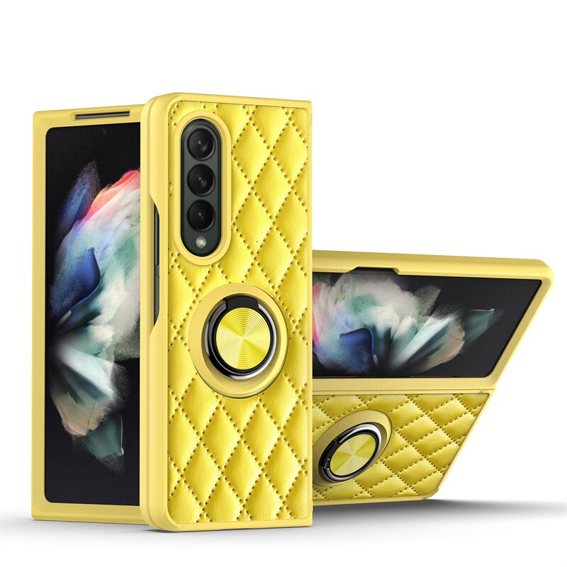 Diamant Telefoon Geval Voor Samsung Galaxy Z Vouw 3 5G Embossing Lederen Ring Met Houder Shockproof Back Cover Voor galaxy Z Vouw 3: YELLOW
