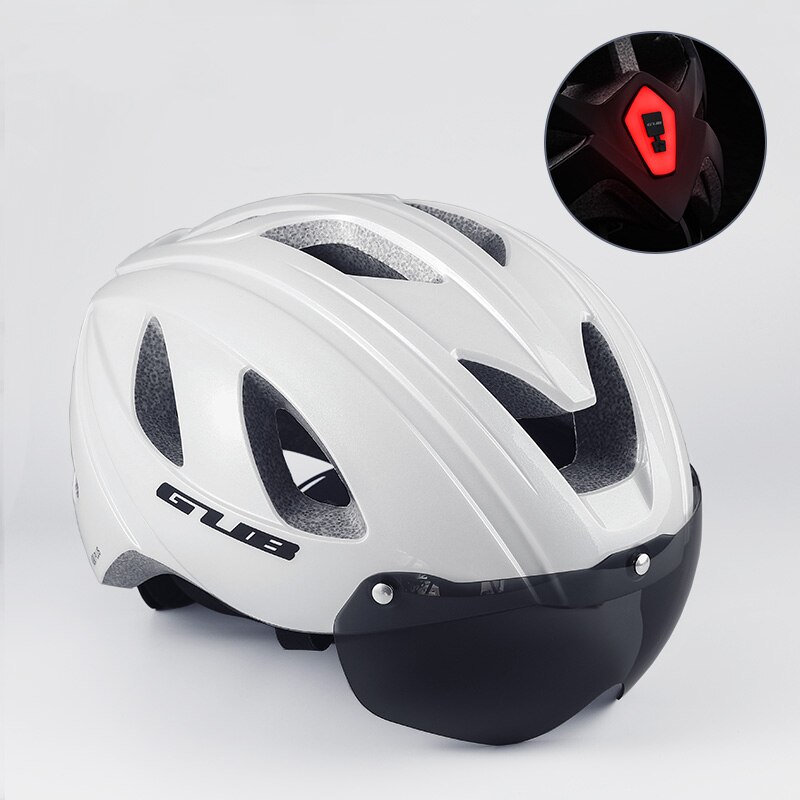 GUB-casco de bicicleta de carretera para hombre y mujer, con luz trasera integrada, gafas de seguridad, equipo de ciclismo: pearl white