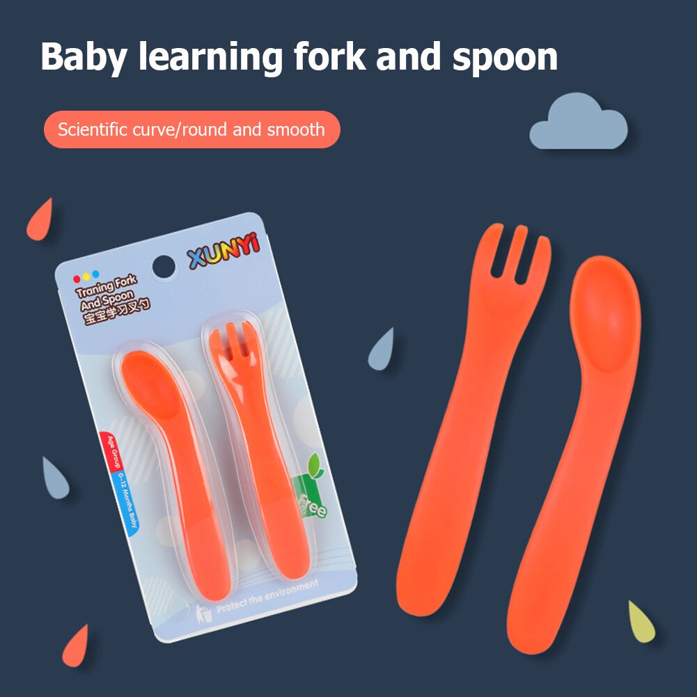 Portable Curved Spoon Fork Set Baby Eat Training Curved Utensils Plastic Safe Non-slip Spoon Fork Elbow Food Tableware