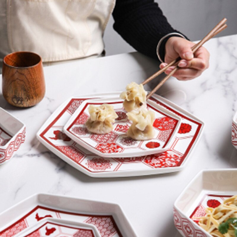 Chinese Year Chinese Year Decoration Plate Ceramic Plate Refreshment Plate Fruit Dumplings Dish Plate Soup Bowl Bone Sau